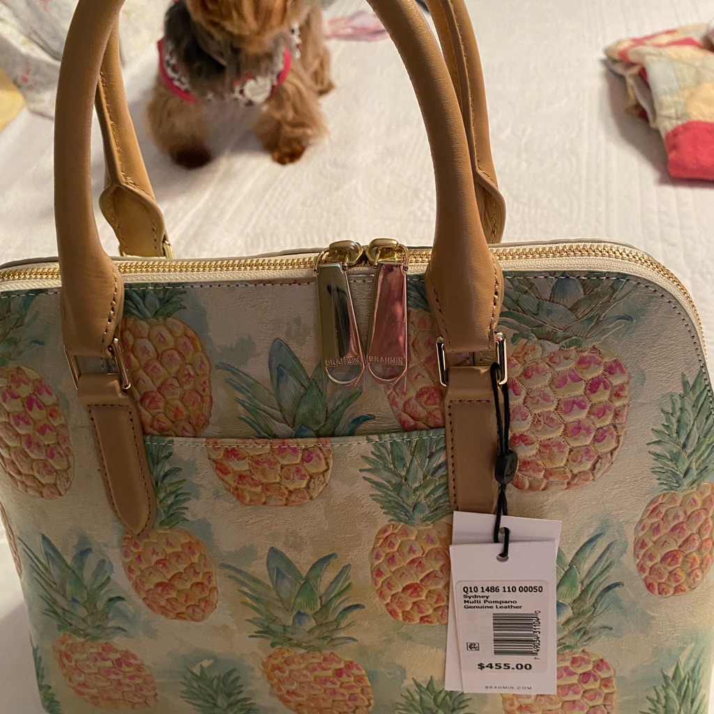 Brahmin Pineapple Print Satchel In Cream And Tan